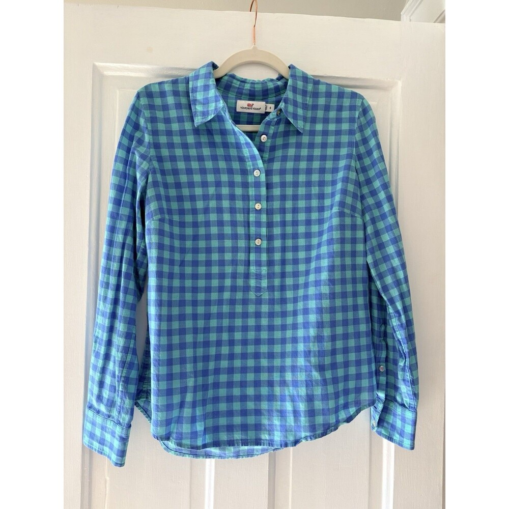 Vineyard Vines Women’s Shirt 8 Teal Blue Plaid Check Cotton Long Sleeve Preppy